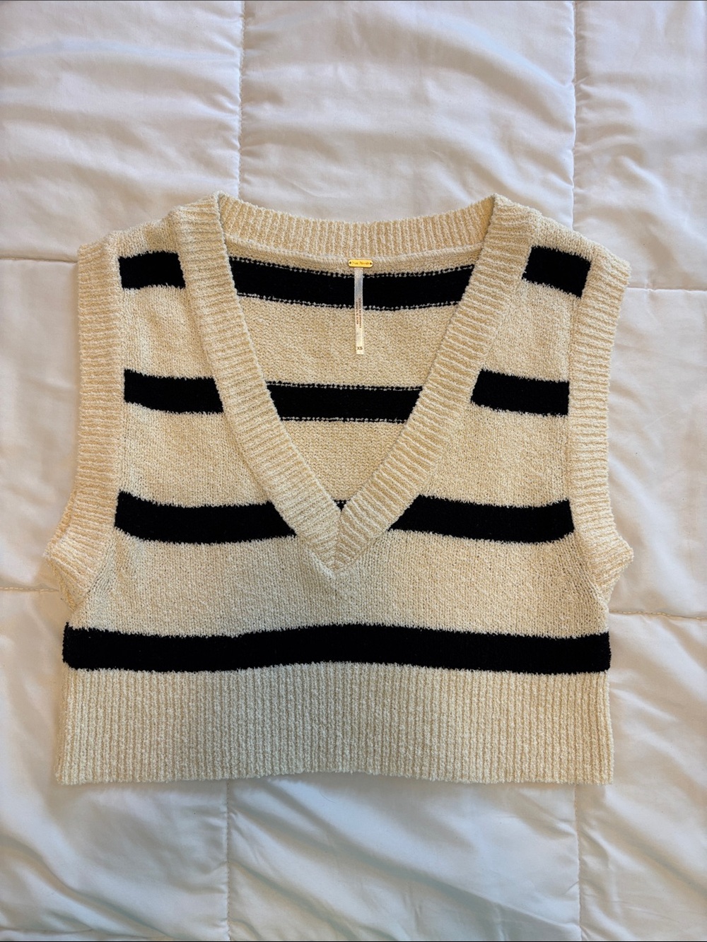 Free People Cream and Black Striped V-Neck Sweater Tank